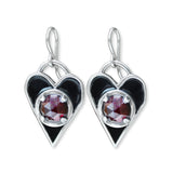 Sterling Silver Black Enamel with Garnet Gemstone Heart Earrings - Dangling Heart Earrings - WhimsiGoth