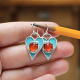 Sterling Silver Blue Enamel with Orange Carnelian Gemstone Heart Earrings - Dangling Heart Earrings