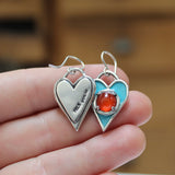 Sterling Silver Blue Enamel with Orange Carnelian Gemstone Heart Earrings - Dangling Heart Earrings