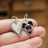 Sterling Silver Black Enamel with Garnet Gemstone Heart Earrings - Dangling Heart Earrings - WhimsiGoth