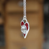 Sterling Silver Red Enamel White Topaz Gemstone Heart Necklace - Heart Pendant with Prong Set Gemstone Whimsigoth