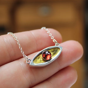 Sterling Silver, 24K Gold and Garnet Evil Eye Pendant - Good Luck and Protection Necklace