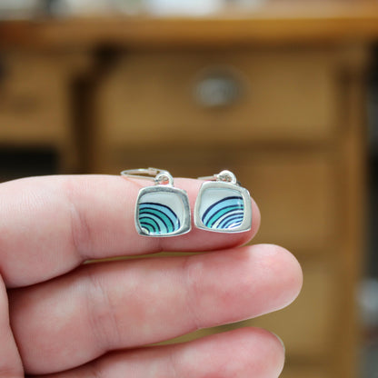 Tiny Abstract Wave Earrings - Sterling Silver and Enamel Earrings on Lever Back Ear Wires - Artsy Statement Earrings