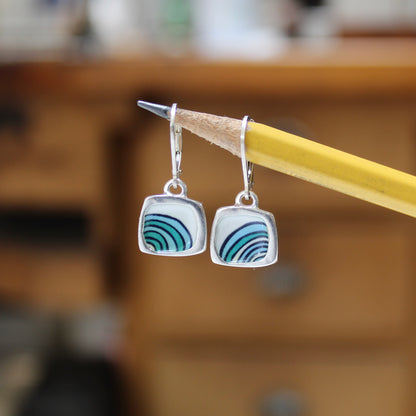 Tiny Abstract Wave Earrings - Sterling Silver and Enamel Earrings on Lever Back Ear Wires - Artsy Statement Earrings
