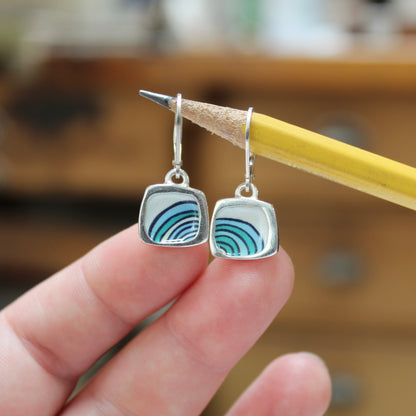 Tiny Abstract Wave Earrings - Sterling Silver and Enamel Earrings on Lever Back Ear Wires - Artsy Statement Earrings