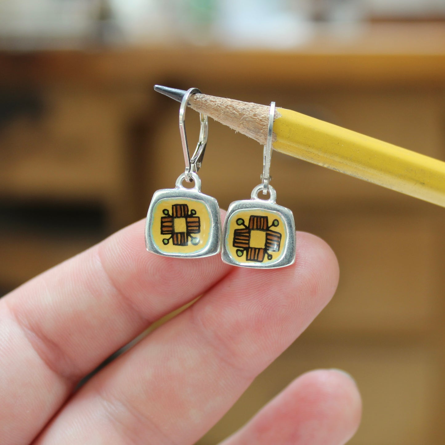 Lever Back Flower Earrings Made with Sterling Silver and Vitreous Enamel