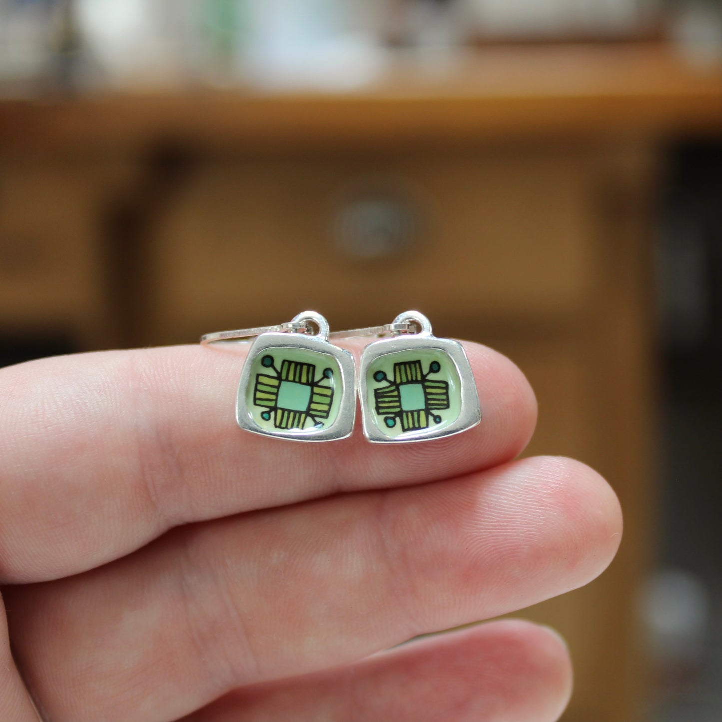 Lever Back Flower Earrings Made with Sterling Silver and Green Vitreous Enamel