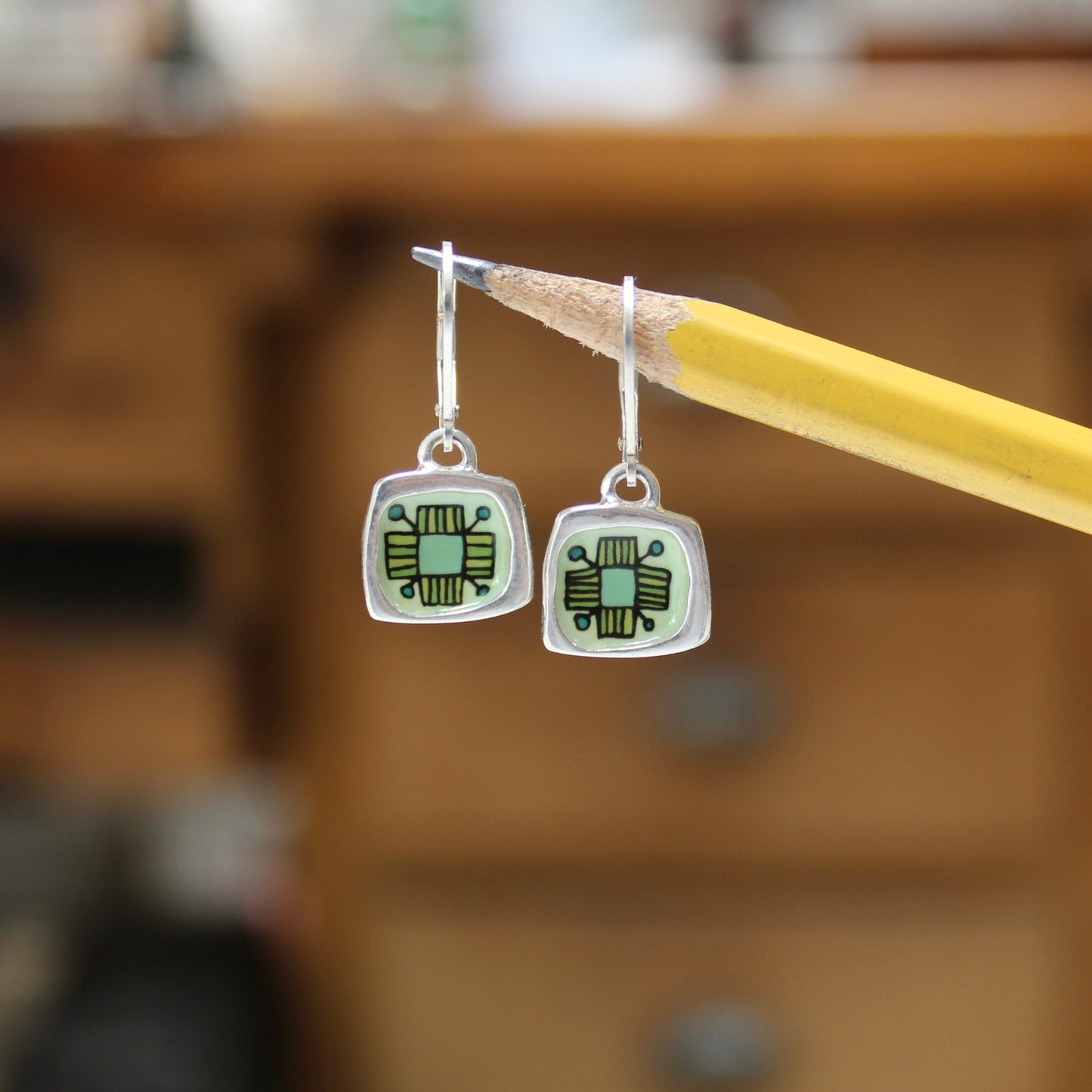 Lever Back Flower Earrings Made with Sterling Silver and Green Vitreous Enamel