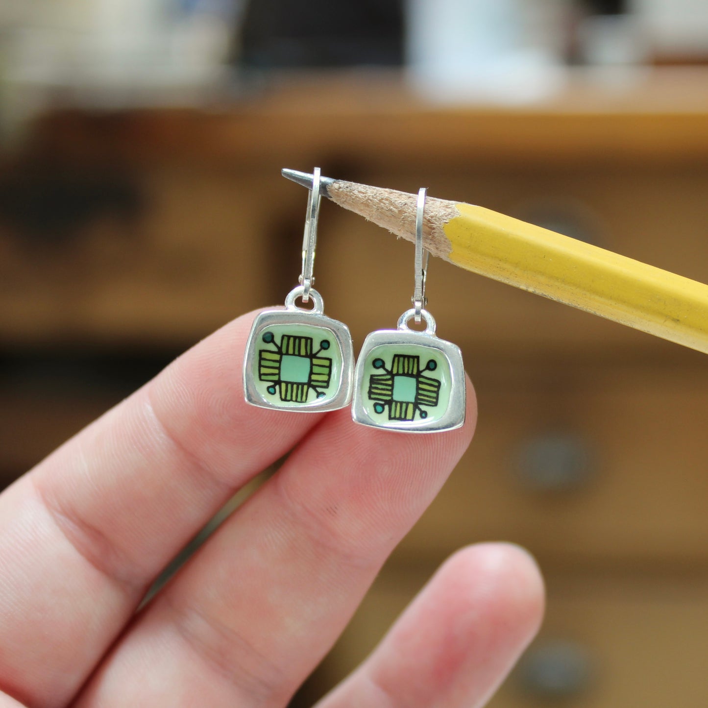 Lever Back Flower Earrings Made with Sterling Silver and Green Vitreous Enamel