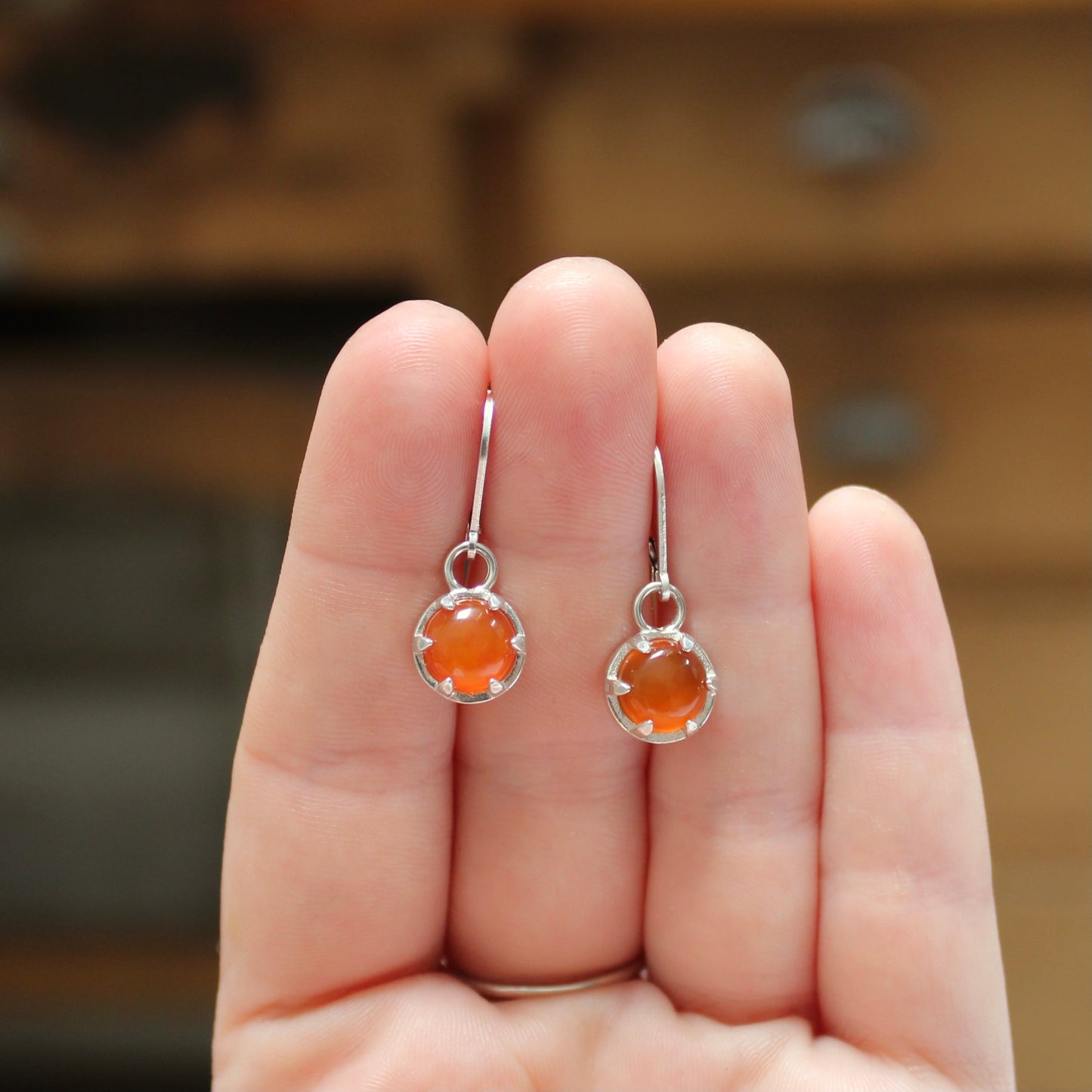 Sterling Silver Orange Carnelian Earrings - Prong Set Gemstone Dangle Earrings