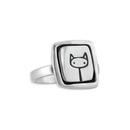 Stick Kitty Ring - Sterling Silver Cat Sketch Charm Ring