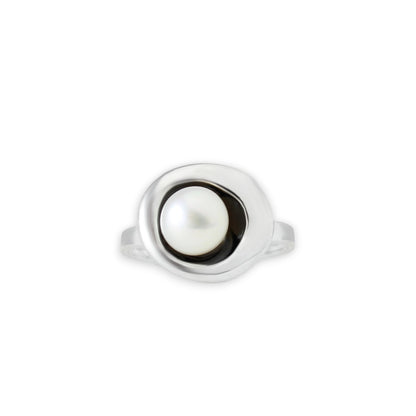 Round Sterling Silver and Pearl Ring - Minimalist Pearl Ring