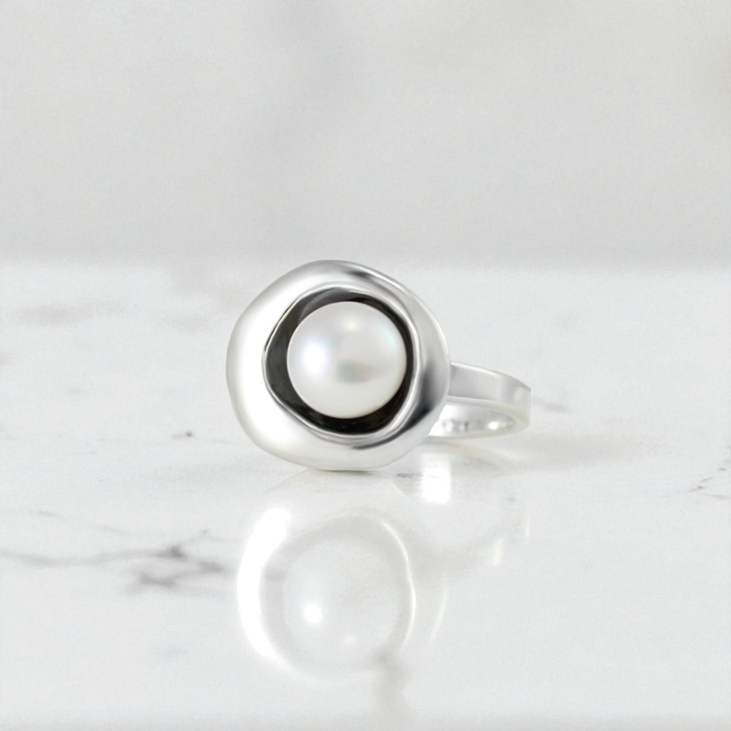 Round Sterling Silver and Pearl Ring - Minimalist Pearl Ring