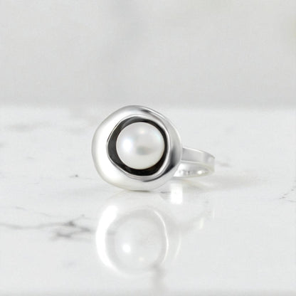 Round Sterling Silver and Pearl Ring - Minimalist Pearl Ring