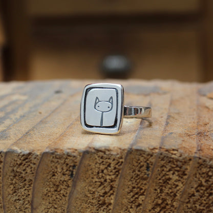 Stick Kitty Ring - Sterling Silver Cat Sketch Charm Ring