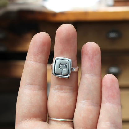 Stick Kitty Ring - Sterling Silver Cat Sketch Charm Ring