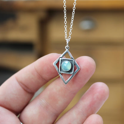 Diamond Shaped Chalcedony Necklace - Modern Geometric Chalcedony Pendant on Adjustable Chain