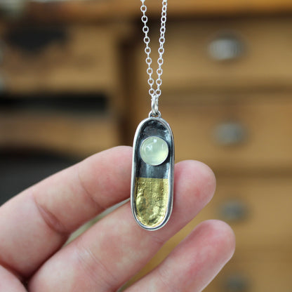 24 Karat Gold and Sterling Silver Pendant Necklace with Bezel Set Green Prehnite