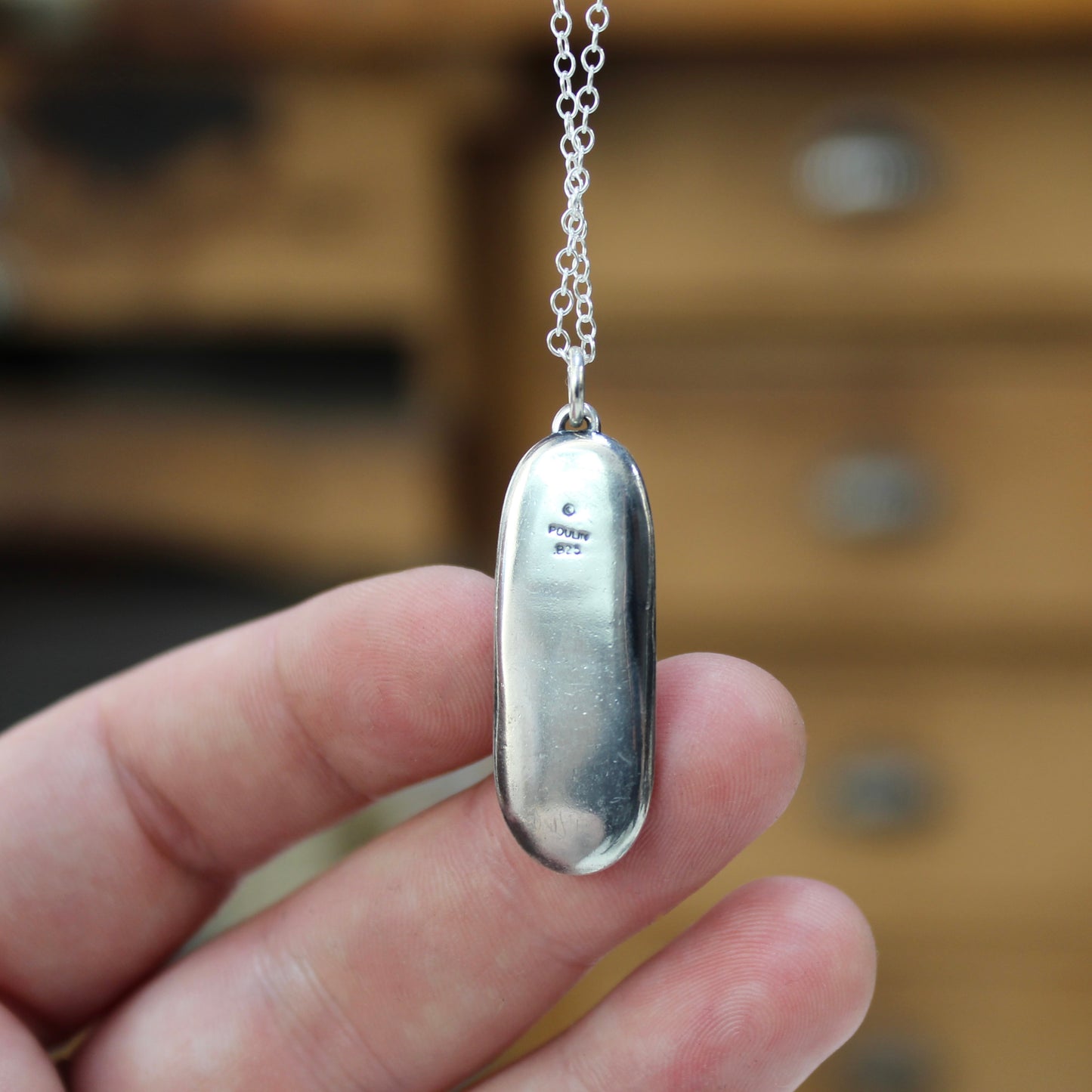 24 Karat Gold and Sterling Silver Pendant Necklace with Bezel Set Green Prehnite