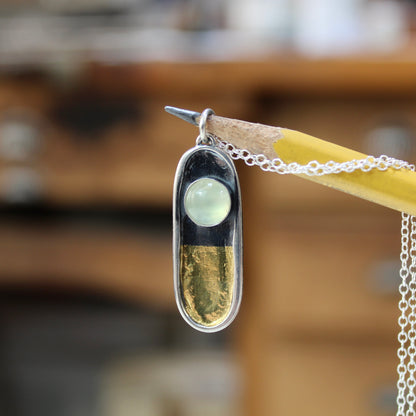 24 Karat Gold and Sterling Silver Pendant Necklace with Bezel Set Green Prehnite