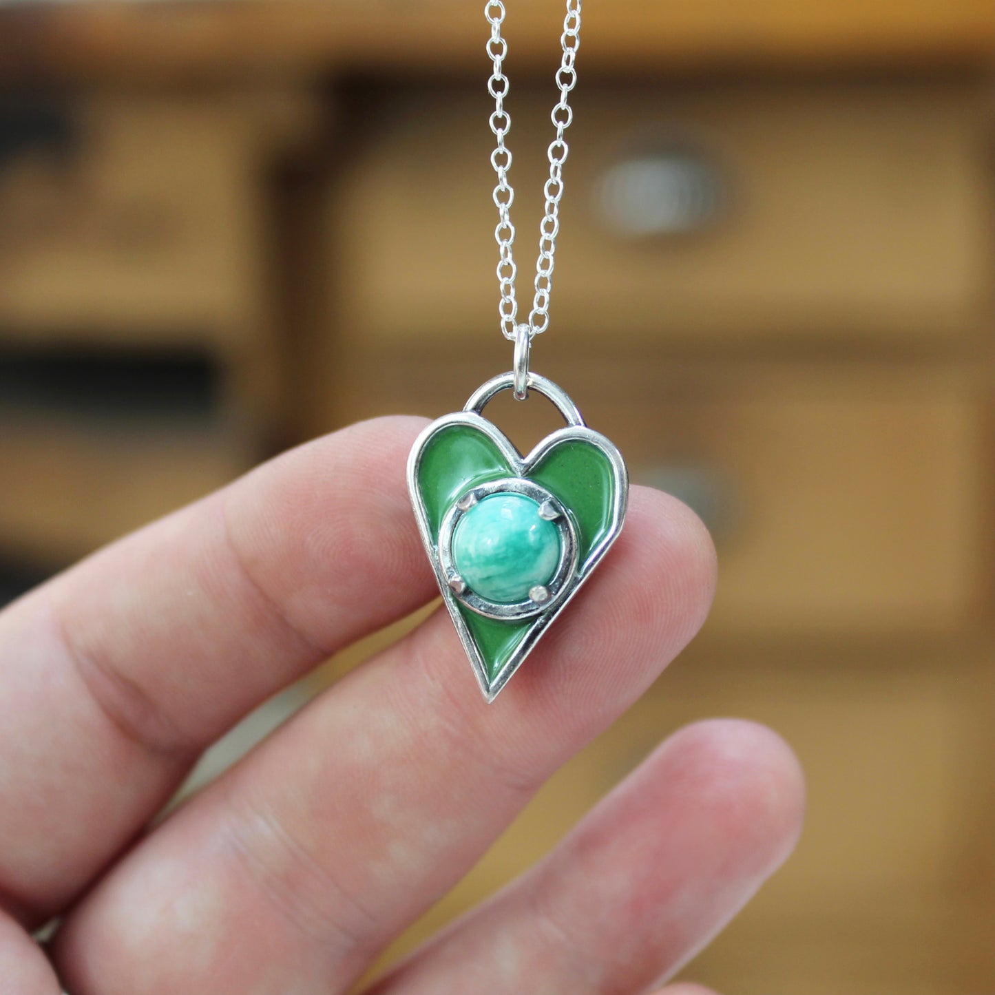 Enamel and Sterling Heart Necklace with Chrysocolla - Earthy Green and Blue Pendant on Adjustable Chain