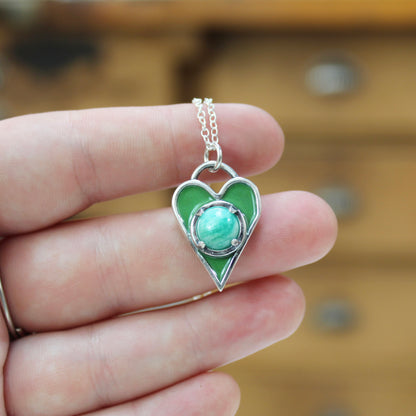 Enamel and Sterling Heart Necklace with Chrysocolla - Earthy Green and Blue Pendant on Adjustable Chain