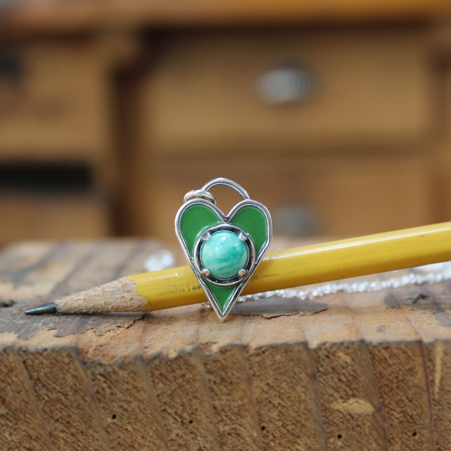 Enamel and Sterling Heart Necklace with Chrysocolla - Earthy Green and Blue Pendant on Adjustable Chain
