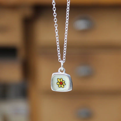 Teeny Tiny Enamel and Sterling Silver Daisy Necklace on Adjustable Serling Chain