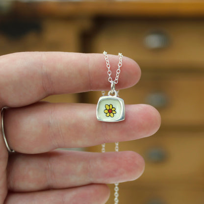 Teeny Tiny Enamel and Sterling Silver Daisy Necklace on Adjustable Serling Chain
