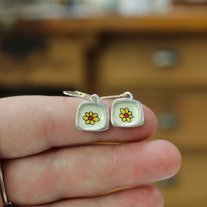 Daisy Flower Earrings - Sterling Silver and Enamel Flower Earrings on Lever Back Ear Wires - Flower Power!