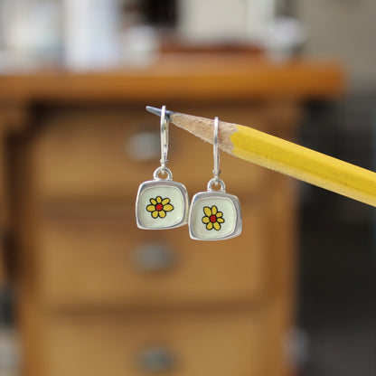 Daisy Flower Earrings - Sterling Silver and Enamel Flower Earrings on Lever Back Ear Wires - Flower Power!