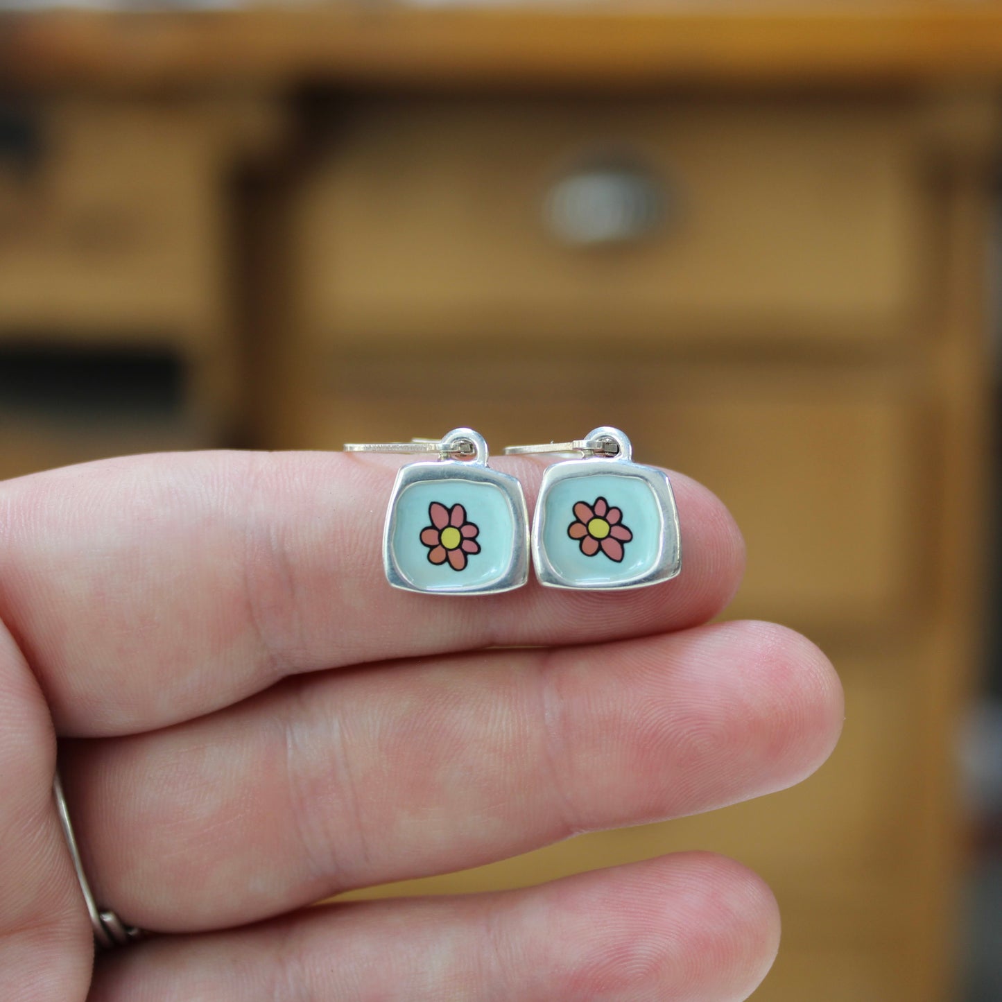 Pastel Flower Earrings - Sterling Silver and Enamel Flower Earrings on Lever Back Ear Wires