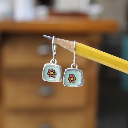 Pastel Flower Earrings - Sterling Silver and Enamel Flower Earrings on Lever Back Ear Wires