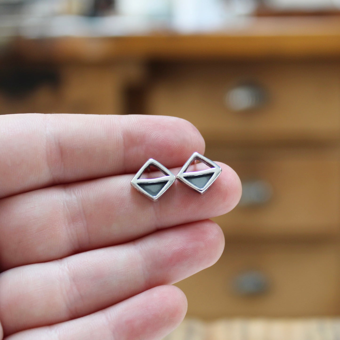 Modern Sterling Silver Half Diamond Post Earrings