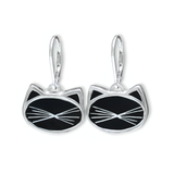 Black Cat Dangle Earrings White Cat Lever Back - Reversible Cat Jewelry Sterling and Vitreous Enamel