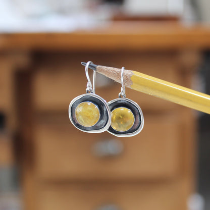 Yellow Opal Earrings - Opals Set in Unique Shadowbox Setting on French Hook Ear Wires