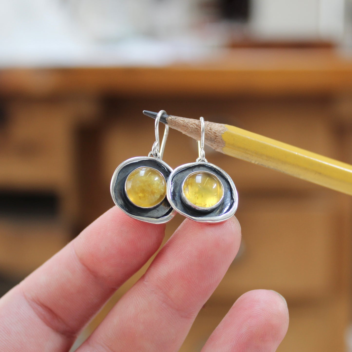 Yellow Opal Earrings - Opals Set in Unique Shadowbox Setting on French Hook Ear Wires