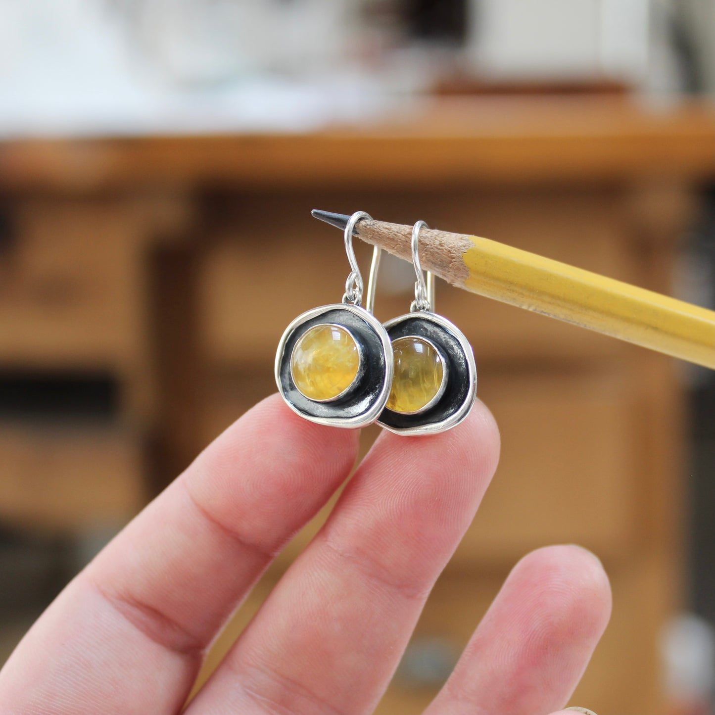 Yellow Opal Earrings - Opals Set in Unique Shadowbox Setting on French Hook Ear Wires