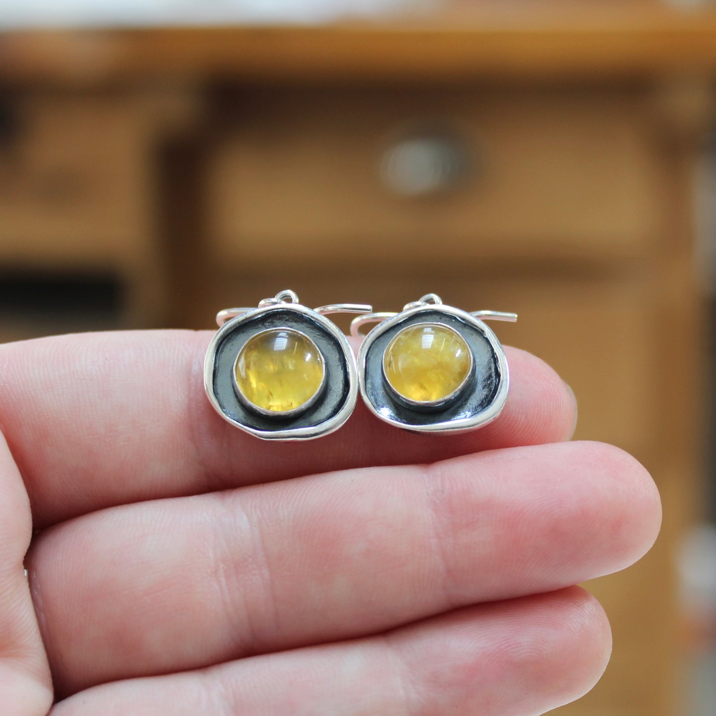 Yellow Opal Earrings - Opals Set in Unique Shadowbox Setting on French Hook Ear Wires