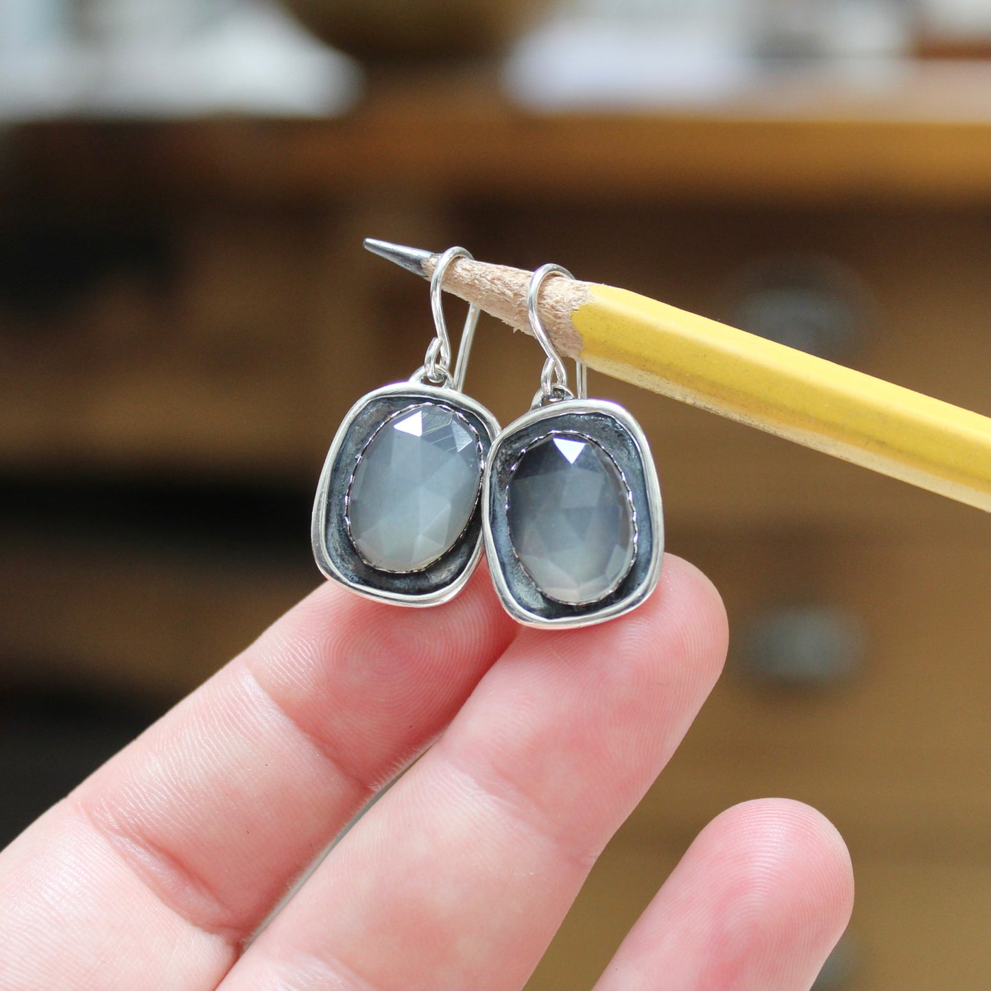 Grey Moonstone Earrings - Rose Cut Moonstone Dangle Earrings on Silver Ear Wires
