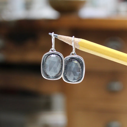 Grey Moonstone Earrings - Rose Cut Moonstone Dangle Earrings on Silver Ear Wires