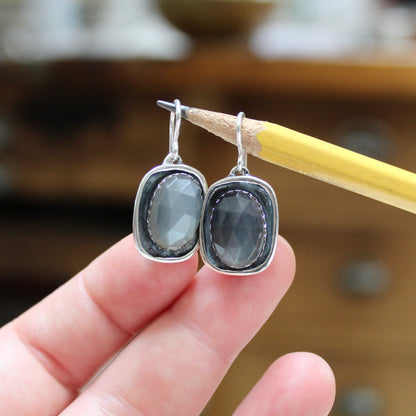 Grey Moonstone Earrings - Rose Cut Moonstone Dangle Earrings on Silver Ear Wires