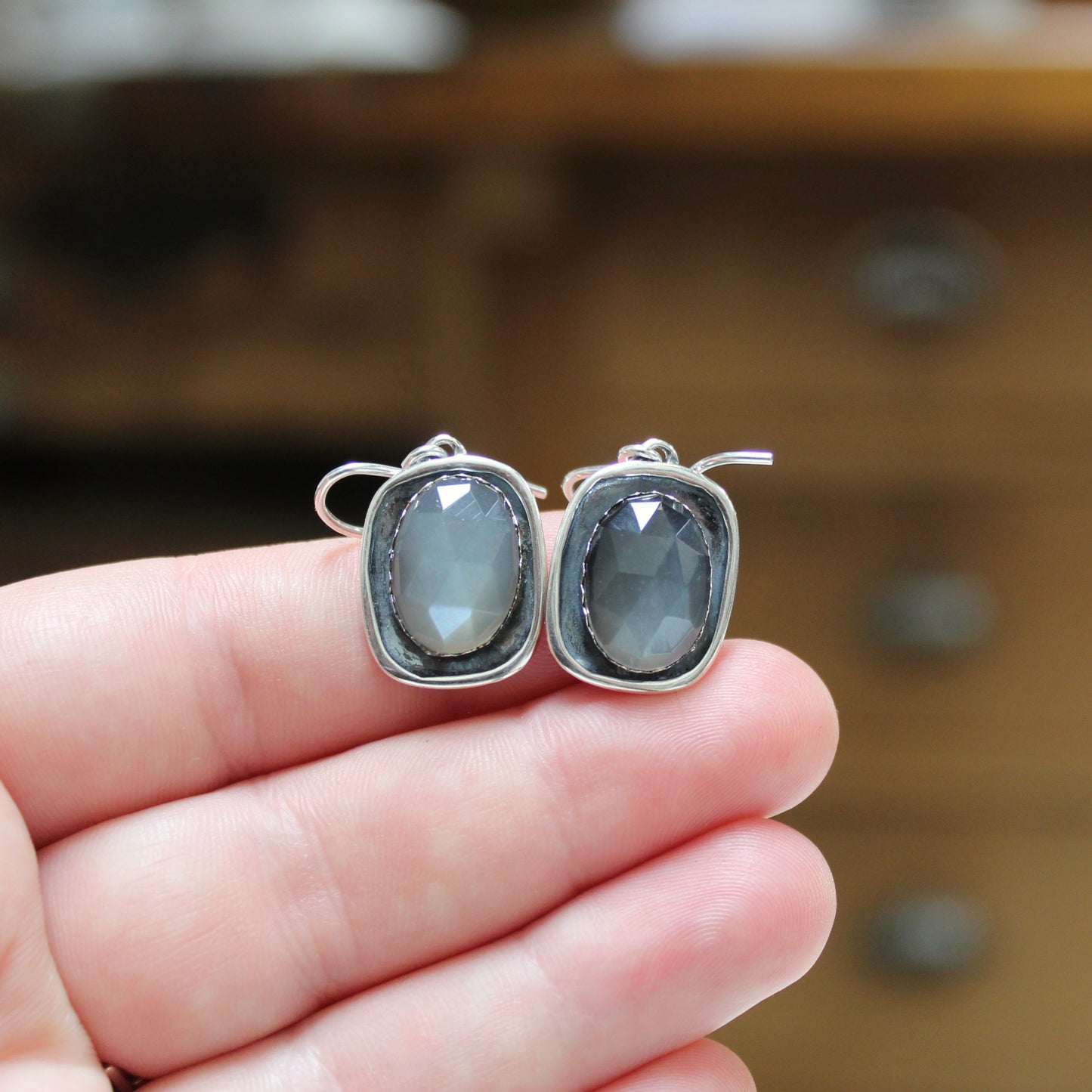 Grey Moonstone Earrings - Rose Cut Moonstone Dangle Earrings on Silver Ear Wires
