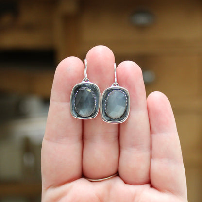 Grey Moonstone Earrings - Rose Cut Moonstone Dangle Earrings on Silver Ear Wires