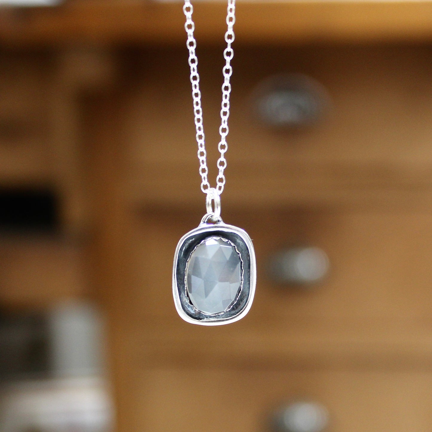 Grey Moonstone Necklace - Rose Cut Moonstone Pendant on Adjustable Chain