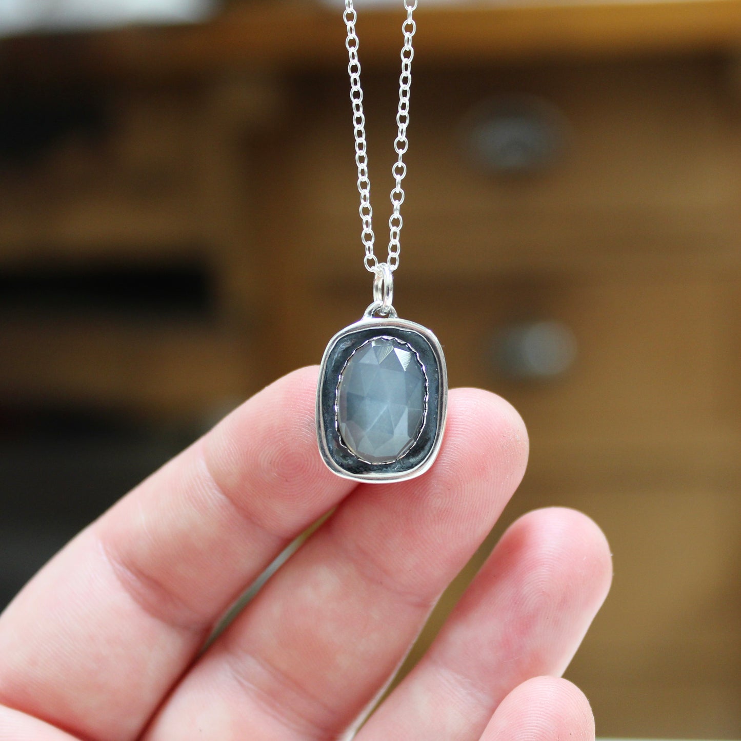 Grey Moonstone Necklace - Rose Cut Moonstone Pendant on Adjustable Chain