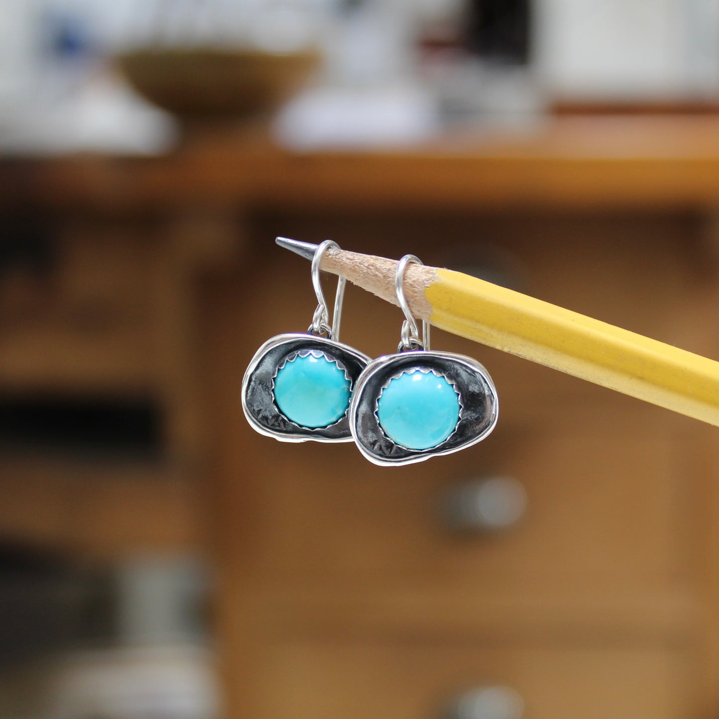 Kingman Turquoise Earrings - Brilliant Blue Turquoise Earrings in Modern Shadowbox Setting
