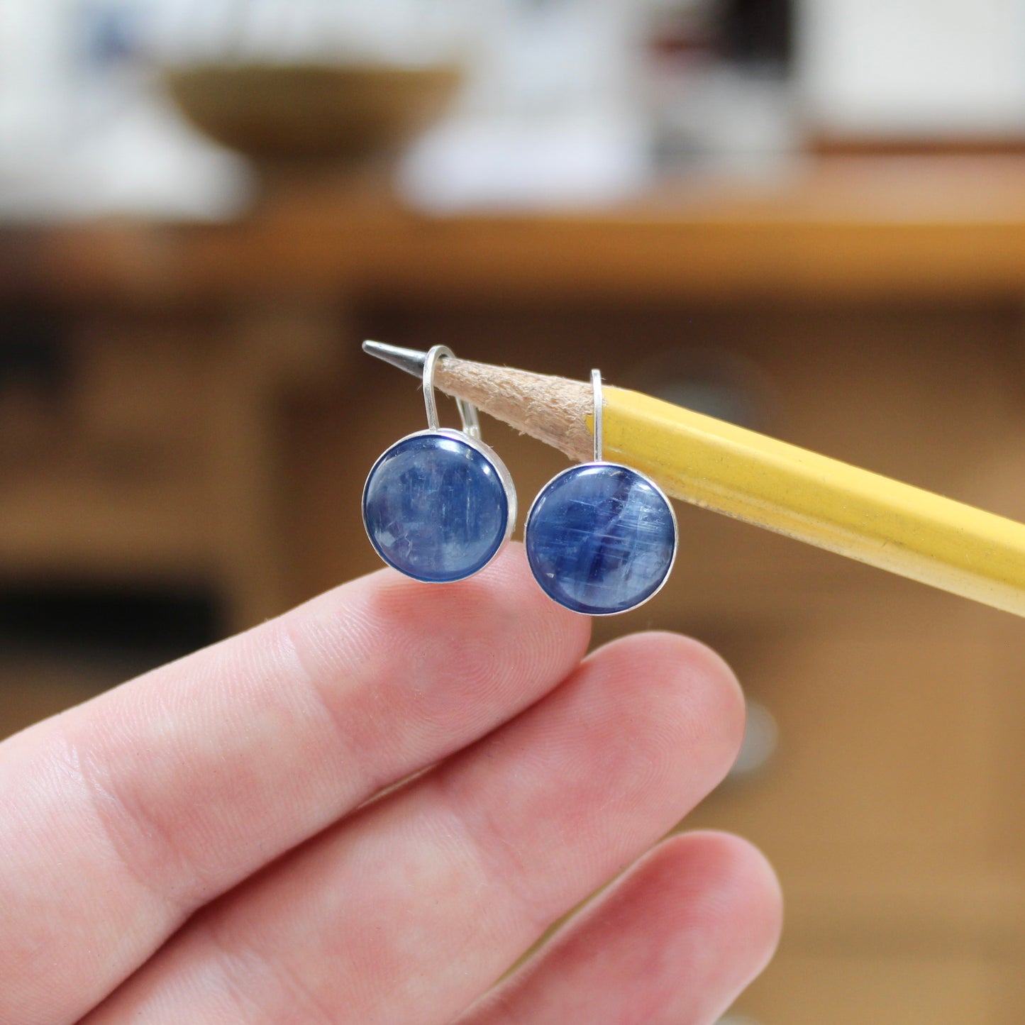 Sterling Silver Shiny Blue Kyanite Earrings on Silver Lever Back Wires