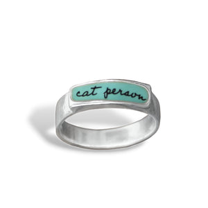 Mark Poulin Sterling Silver Cat Person Band Ring - Vitreous Enamel Cat Ring - Ring for Cat Lovers - Cat Jewelry for Men and Women