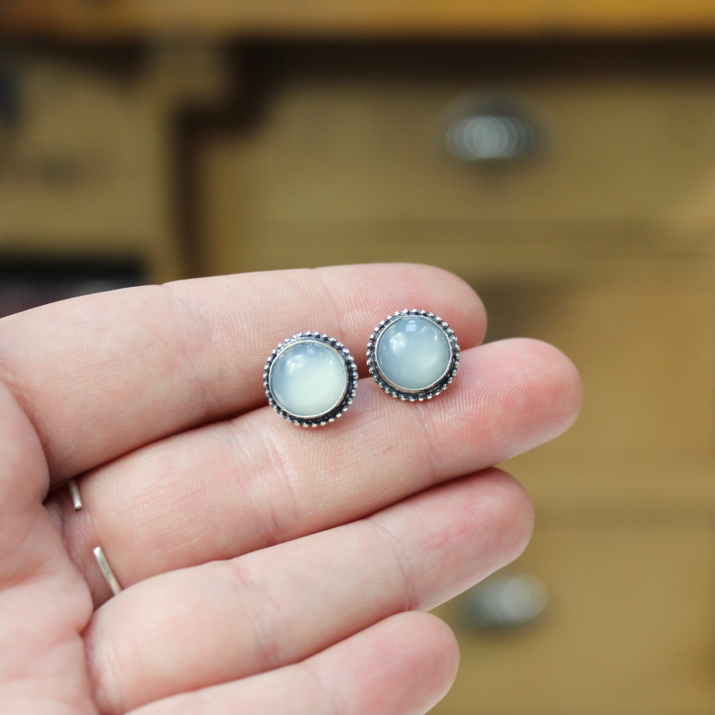 Sterling Silver and Grey-White Moonstone Post Earrings